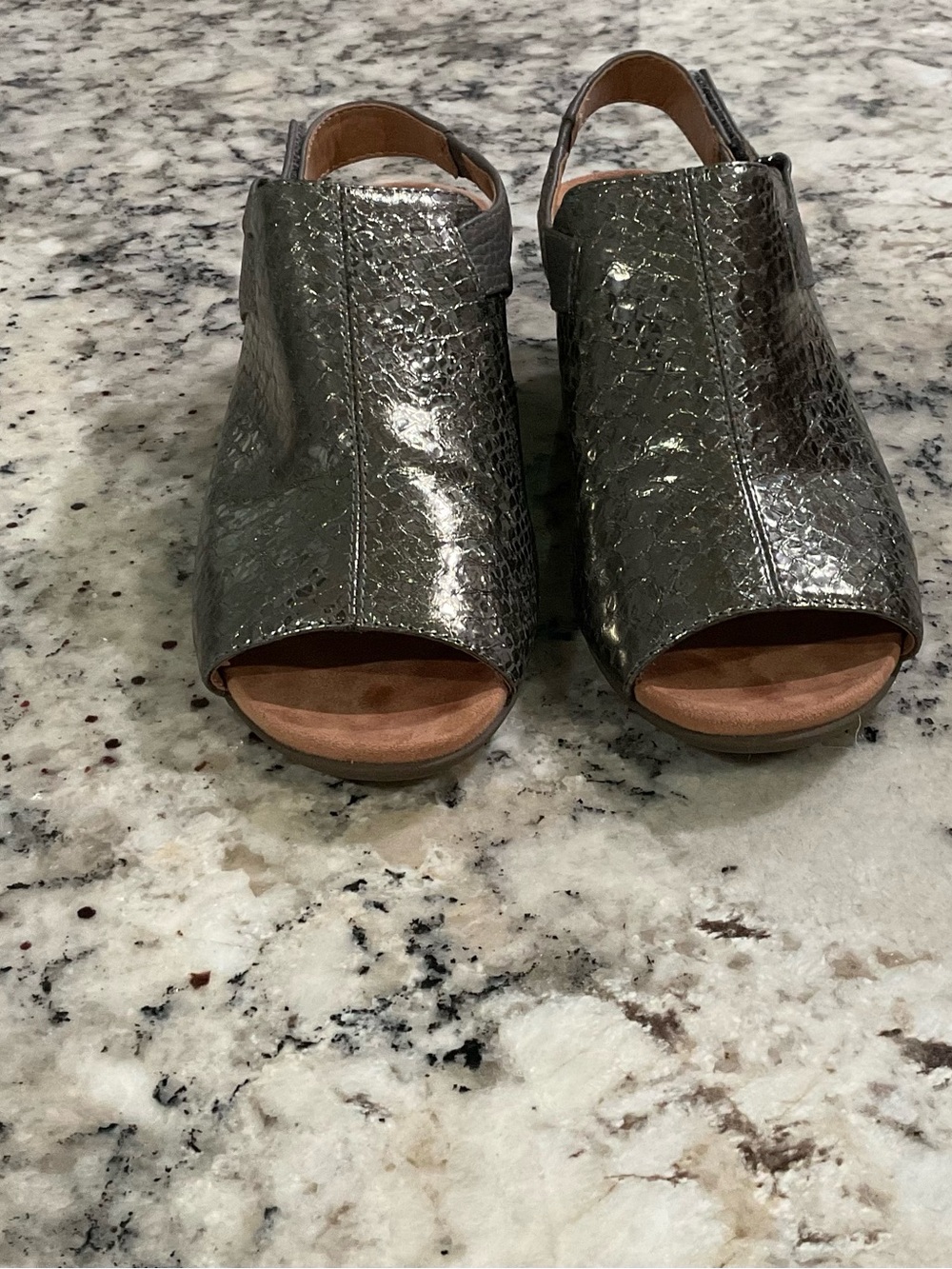 Vionic Metallic Pewter Peep-Toe Slingback Mules